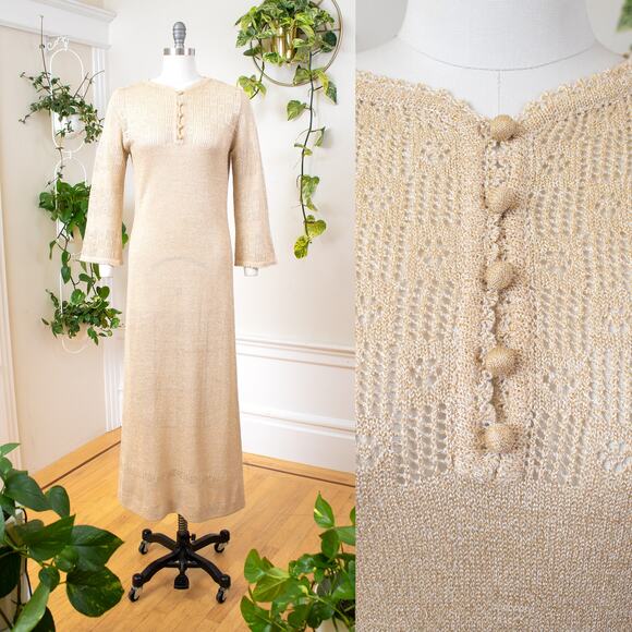 Vintage 1970s ST. JOHN Sweater Dress 70s Metallic Gold Knit Maxi Boho Disco